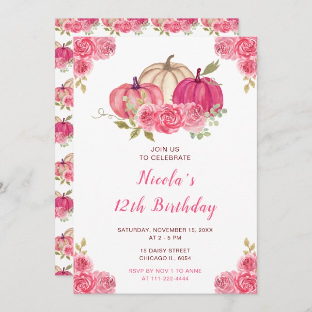 Convite Aniversário de Abóboras Florais Quentes (Frente/Verso)