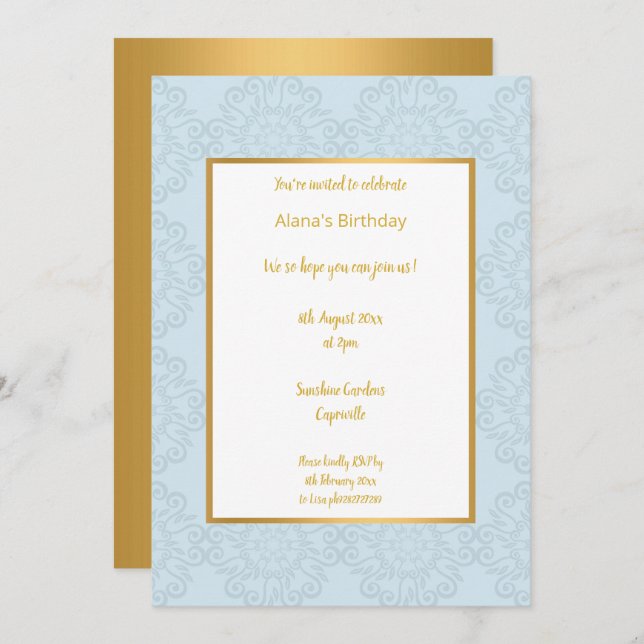 CONVITE ANIVERSÁRIO DE ABSTRATO DOURADO AZUL LUXO (Frente/Verso)
