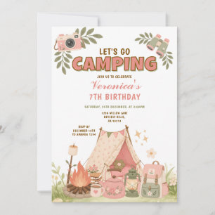 Convite Aniversário de Acampamento Cor-de-Rosa Aventura ao