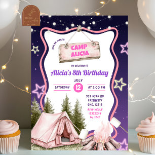 Convite Aniversário de Acampamento de Menina Rosa Roxa