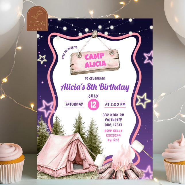 Convite Aniversário de Acampamento de Menina Rosa Roxa  (Criador carregado)