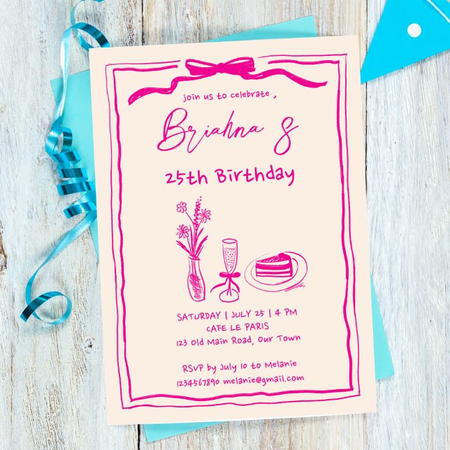 Convite Aniversário de adultos com fita retrorrosa desenha (Hand drawn retro vintage pink ribbon birthday party invitation template digital download whimsical)
