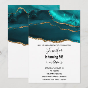Convite Aniversário de Ágata Dourada Teal e Branco Moderno