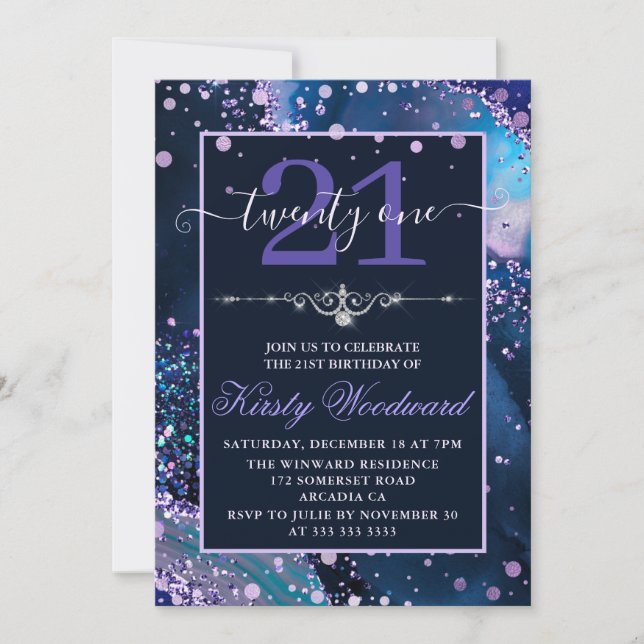 Convite Aniversário de Ágata Falsa Brilho Azul e Roxo (Frente)