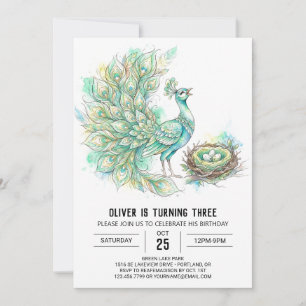 Convite Aniversário de Aguarela Pavão Turquesa