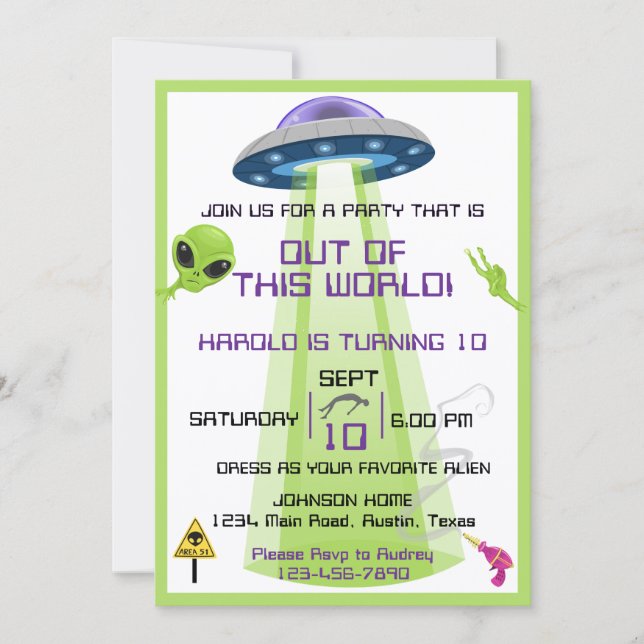 Convite Aniversário de Alien Fora do Mundo Qualquer Idade (Frente)