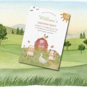 Convite Aniversário de Animais da Fazenda em Aquarela Fofa