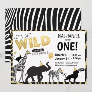 Convite Aniversário de Animais de Uma Festa Dourada Branc