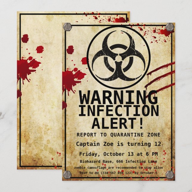 Convite Aniversário de Apocalipse Zumbi | Biohazard de Hal (Frente/Verso)