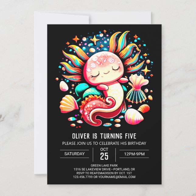 Convite Aniversário de Aquarela Personalizada Axolotl (Frente)