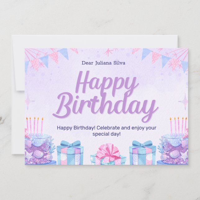 Convite Aniversário de Aquarela Rosa e Azul Claro (Frente)