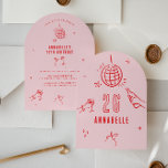 Convite aniversário de aranha desenhada com mão branca beb<br><div class="desc">O branco rosa e vermelho desenhado à mão por idade editável bebe coquetel de arco coquetel de bola de discoteca.</div>