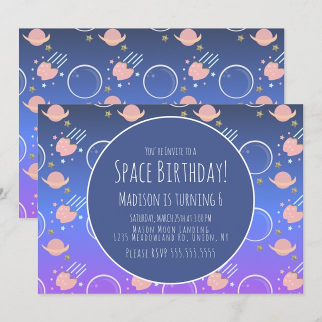 Convite Aniversário de Asteroide da Galáxia Espacial  (Frente/Verso)