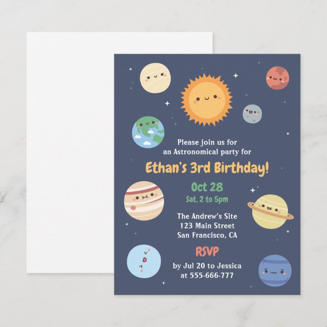 Convite Aniversário de Astronomia do Sol e Planetas Fofos  (Frente/Verso)