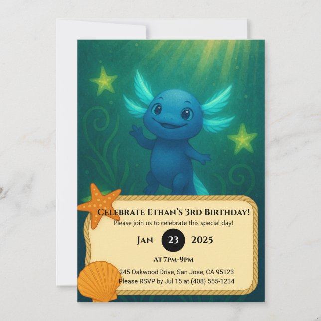 Convite Aniversário de Axolote Azul Estrelado (Frente)
