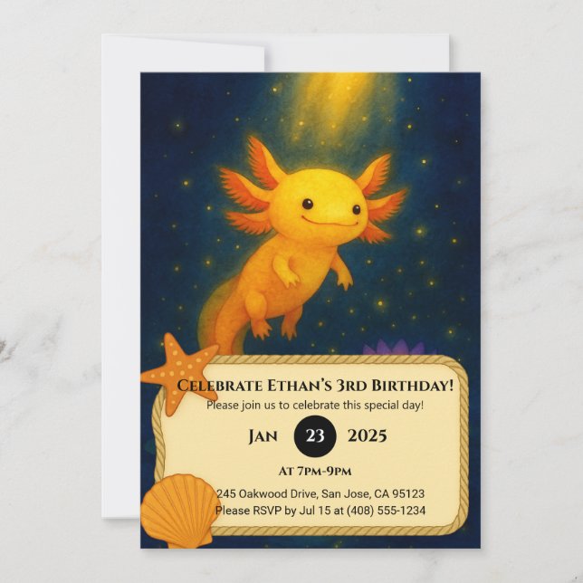 Convite Aniversário de Axolote com Brilho Dourado (Frente)