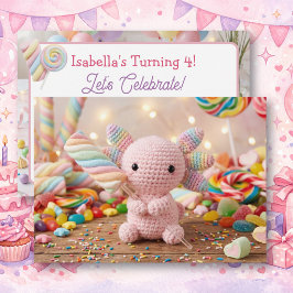 Convite Aniversário de Bala Pastel Crochê de Axolote