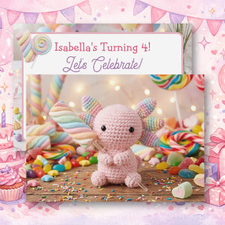 Convite Aniversário de Bala Pastel Crochê de Axolote