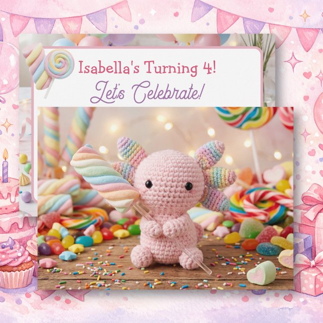 Convite Aniversário de Bala Pastel Crochê de Axolote (Criador carregado)