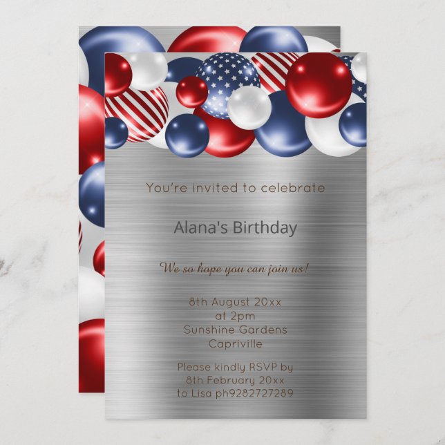 CONVITE ANIVERSÁRIO DE BALÃO DE PRATA PATRIÓTICA AZUL VERM (Frente/Verso)