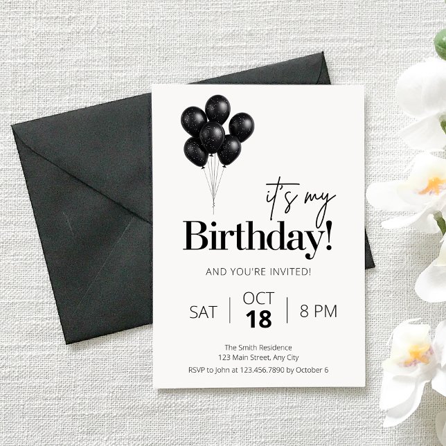 Convite Aniversário de Balão Preto e Branco Minimalista (Criador carregado)