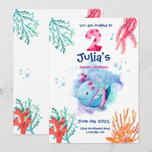 Convite Aniversário de baleia sob o mar, animais do oceano