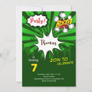Convite aniversário de banda desenhada verde pop art