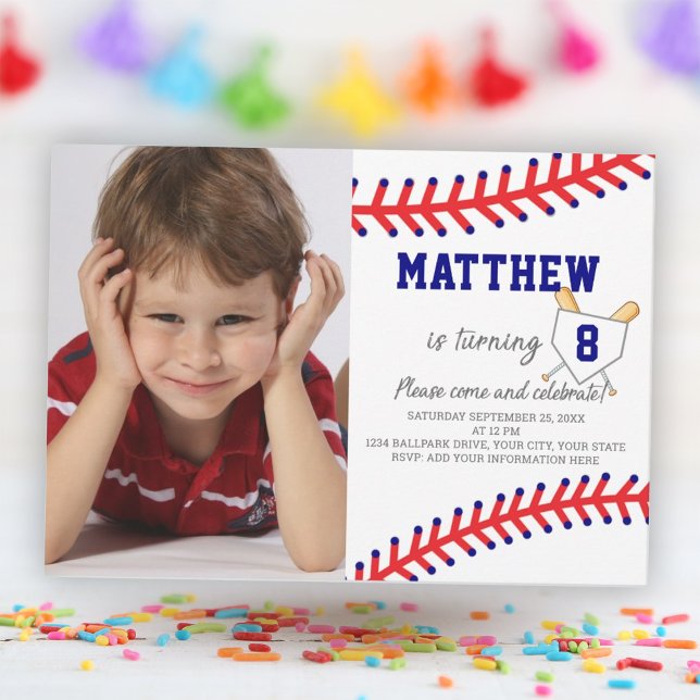 Convite Aniversário de Baseball do Partido Esportivo de Fo (Boy Photo Sports Party Baseball Birthday Invitation)