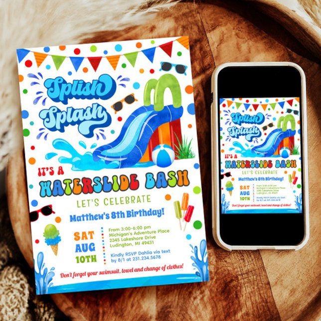Convite Aniversário de Bash Boy Splash Waterslide (Splish Splash Waterslide Bash Boy Birthday Invitation)