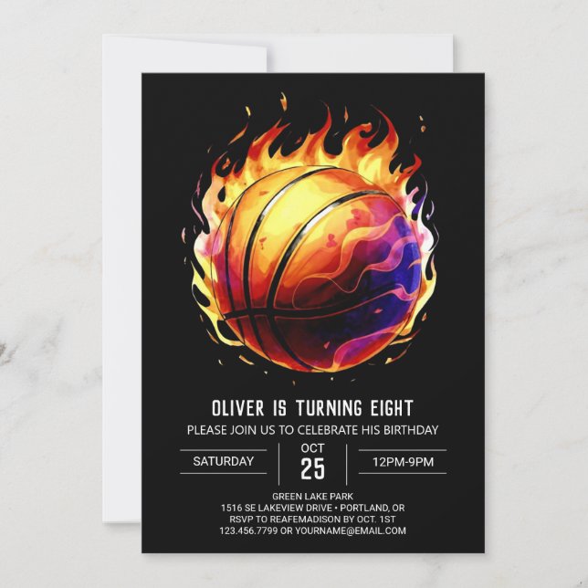 Convite Aniversário de Basquete Encantado Laranja para Cri (Frente)