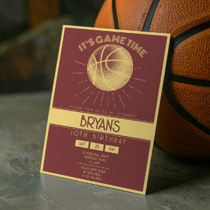 Convite Aniversário de Basquete RetroDourado com Vintage S