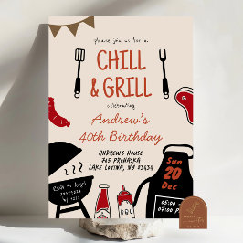 Convite Aniversário de BBQ Minimalista Desenhada à Mão e C
