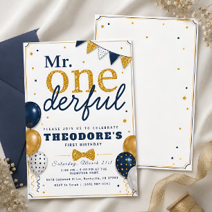 Convite Aniversário de Bebê Azul Marinho Dourado