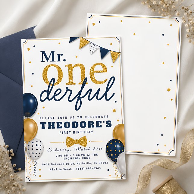 Convite Aniversário de Bebê Azul Marinho Dourado (Criador carregado)
