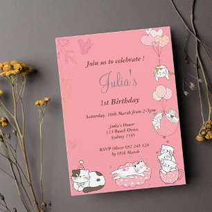 Convite aniversário de bebê gatinho rosa