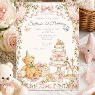 Convite Aniversário de Bebê Menina com Ursinho de Pelúcia