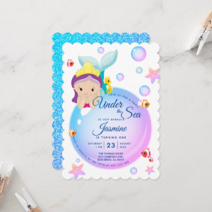 Convite Aniversário de Bebê Sirena Brilho Roxo Azul-Bebê