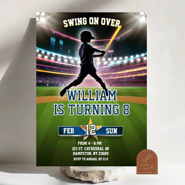 Convite Aniversário de Beisebol Neon Swing On Over (Criador carregado)