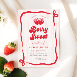 Convite Aniversário de Berry com Laço Rosa Primeiro Aniver
