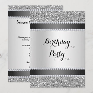 Convite Aniversário de Black & Silver, Glitter e Diamante