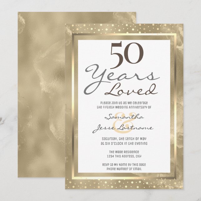 Convite Aniversário de Bodas de 50 Anos Elegante Ouro (Frente/Verso)