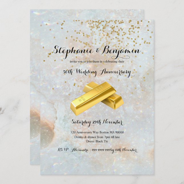 Convite Aniversário de Bodas de Ouro com Brilho Dourado 50 (Frente/Verso)
