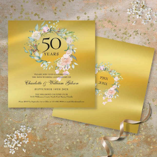 Convite Aniversário de Bodas de Ouro com Folha de Ouro Flo (50th Golden Wedding Anniversary Floral Gold Foil Invitation)
