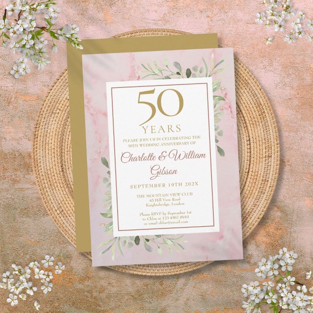 Convite Aniversário de Bodas de Ouro com Folhagens (50th Golden Wedding Anniversary Greenery Invitation)