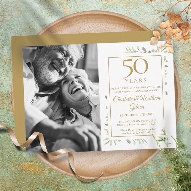 Convite Aniversário de Bodas de Ouro com Foto de Folhagem (Criador carregado)
