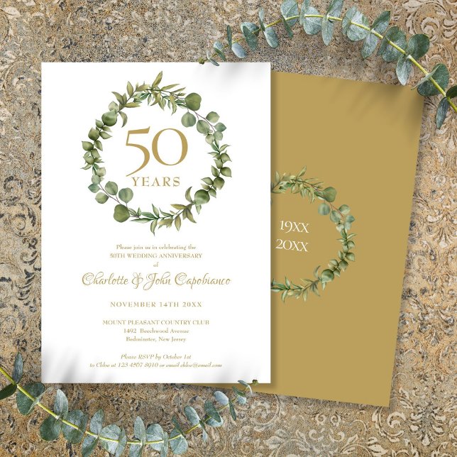 Convite Aniversário de Bodas de Ouro com Grinalda de Verdu (50th Golden Wedding Anniversary Greenery Garland Invitation)