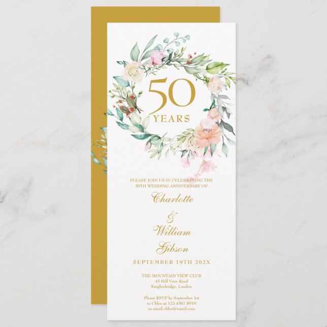 Convite Aniversário de Bodas de Ouro com Grinalda Floral (Frente/Verso)