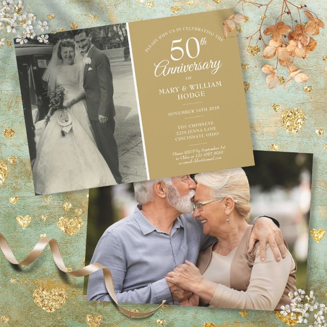 Convite Aniversário de Bodas de Ouro de 50 anos 2 Fotos (Elegant 50th Golden Wedding Anniversary 2 Photo Invitation)