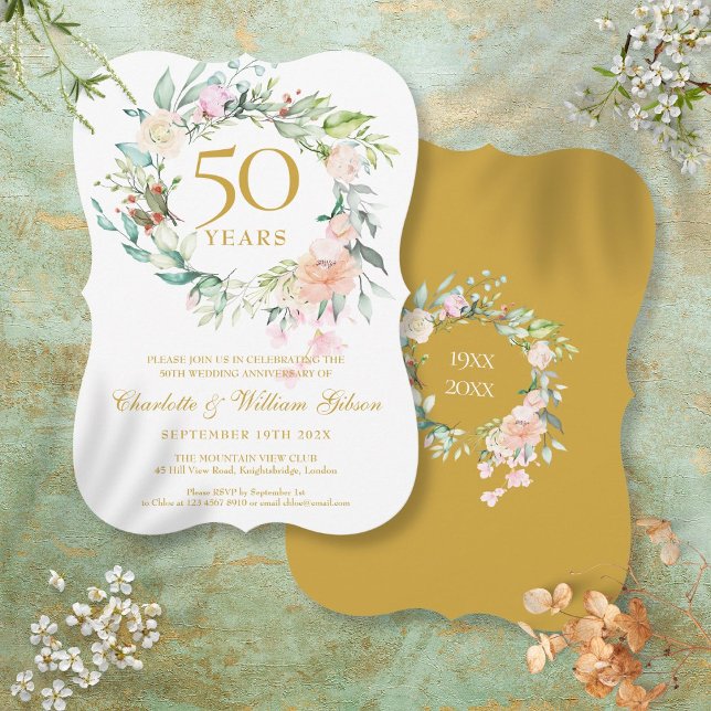 Convite Aniversário de Bodas de Ouro em Aquarela Floral (50th Golden Wedding Anniversary Watercolor Floral Invitation)