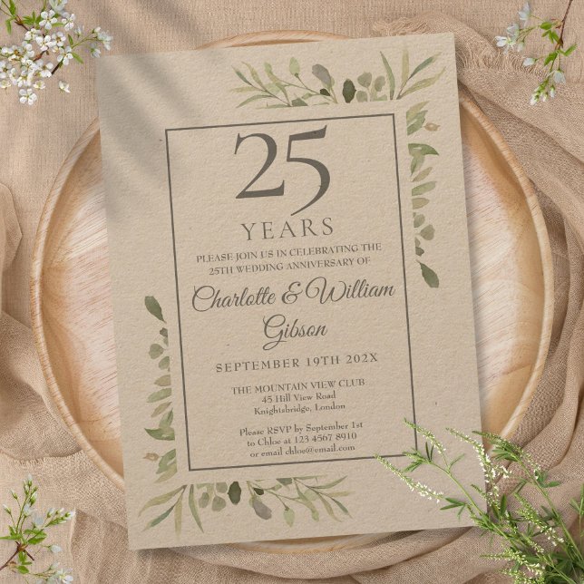 Convite Aniversário de Bodas de Prata de 25 anos com Veget (Rustic Greenery 25th Silver Wedding Anniversary Invitation)